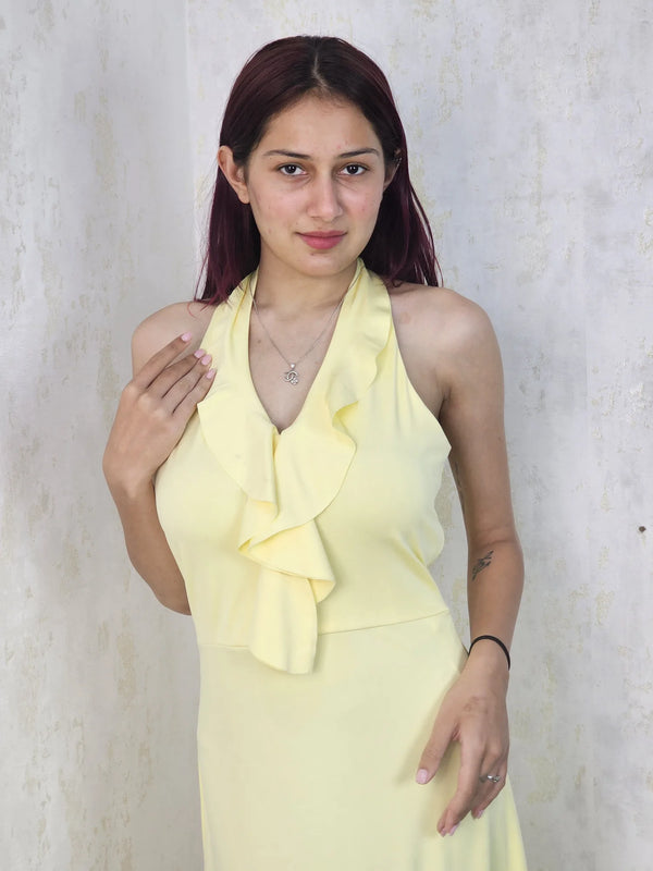 Azrah Yellow Ruffle Maxi Dress with Halter Neck