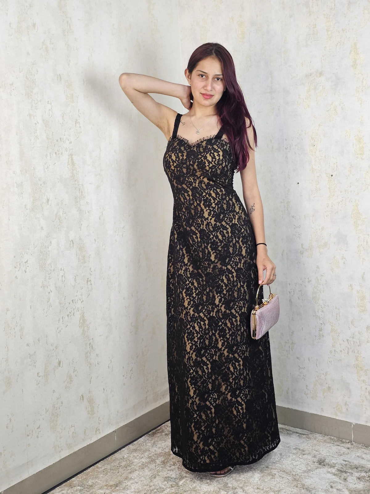 Abella Black Lace Trimmed Neckline Maxi Dress