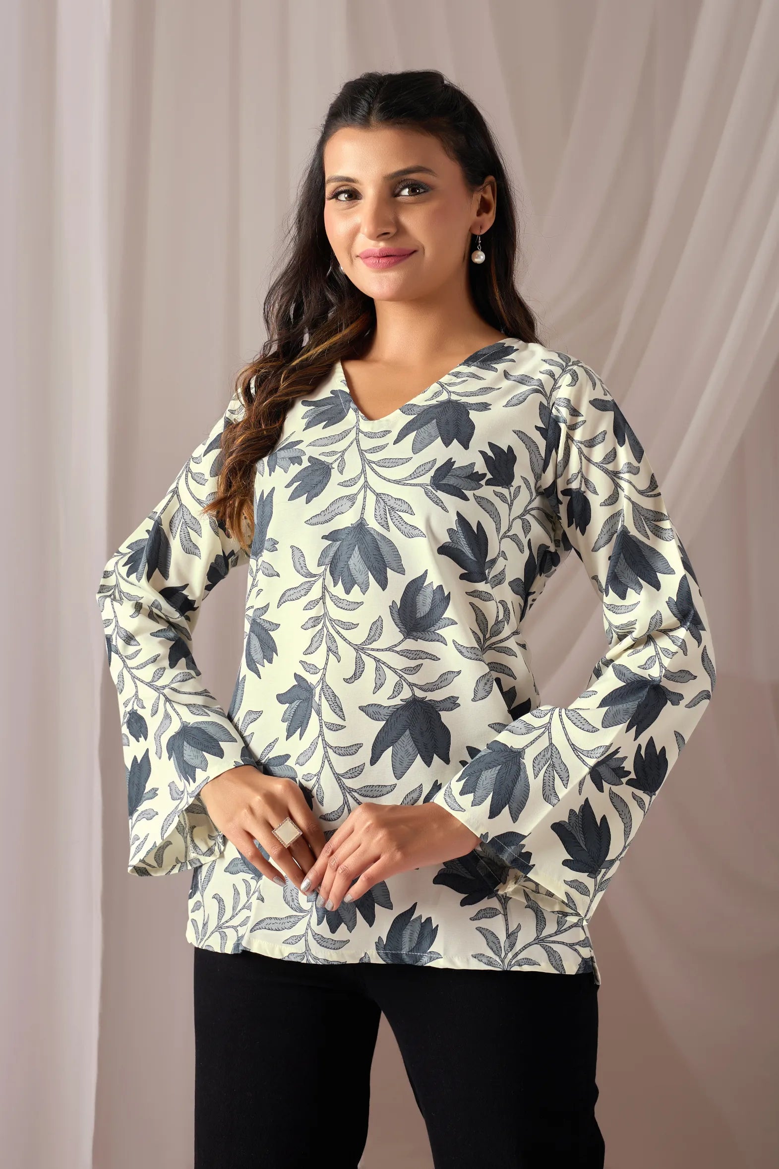 Zareen Cream Cotton Bell Sleeve Kurti for Women | Floral Print, V-Neck, Fusion Wear Top