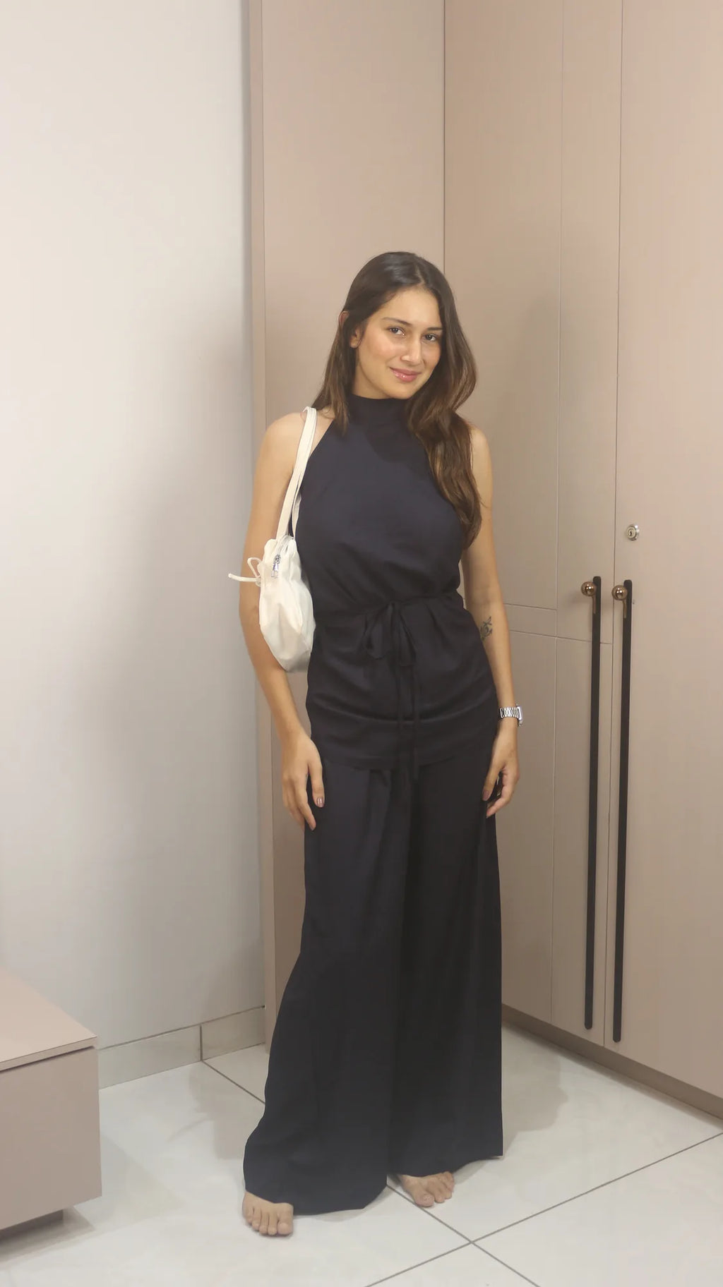 Selene Noir Black Halter Wide-Leg Jumpsuit with Open Back – Elegant Draped Evening Outfit