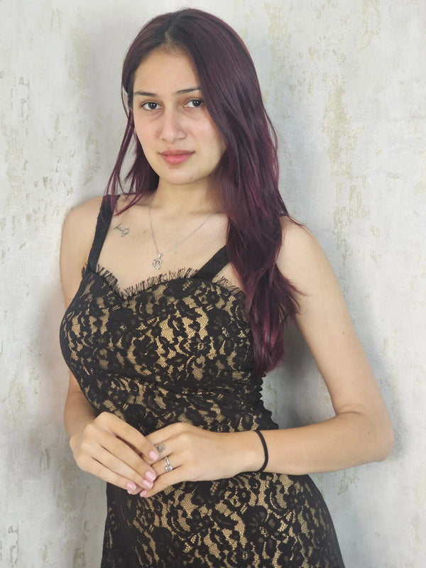 Abella Black Lace Trimmed Neckline Maxi Dress