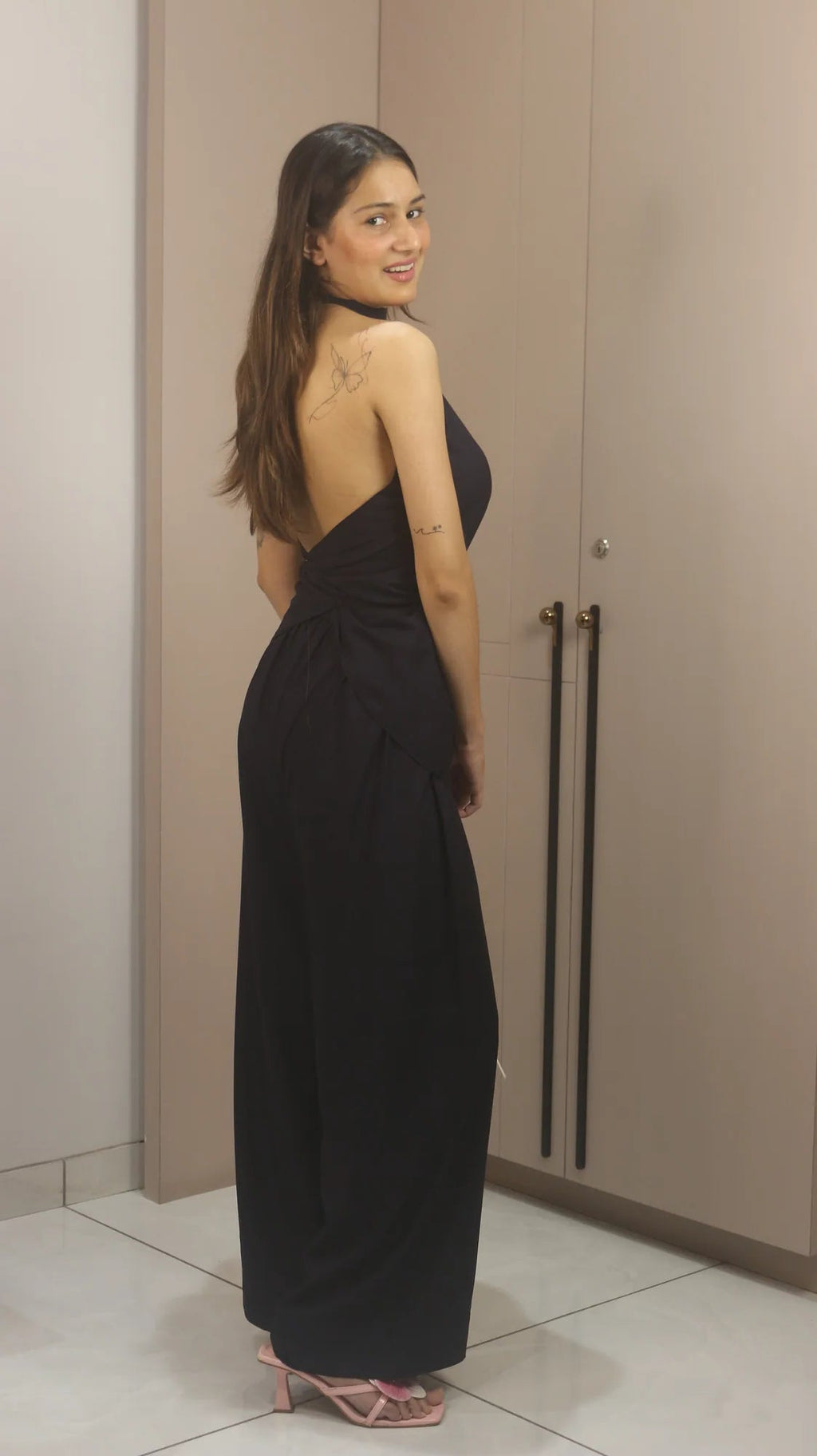Selene Noir Black Halter Wide-Leg Jumpsuit with Open Back – Elegant Draped Evening Outfit