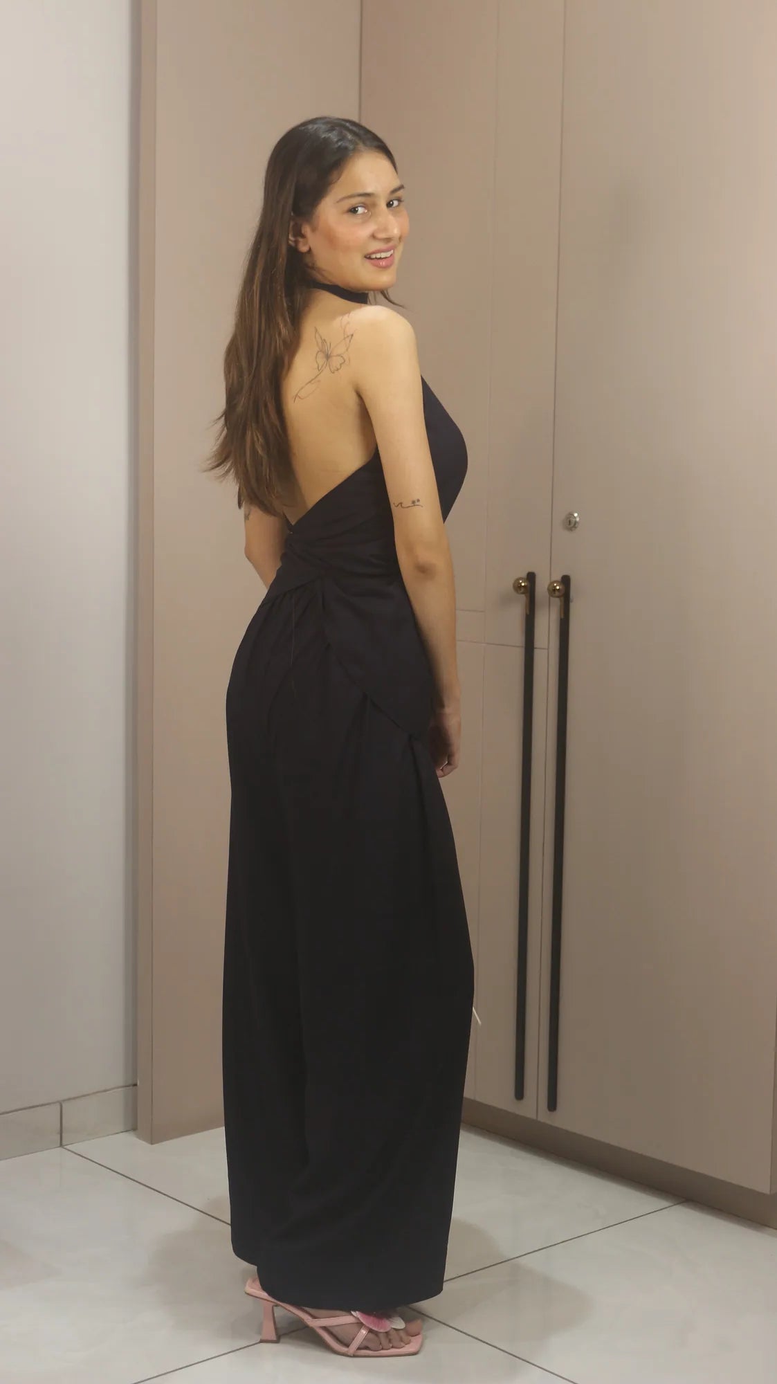 Selene Noir Black Halter Wide-Leg Jumpsuit with Open Back – Elegant Draped Evening Outfit