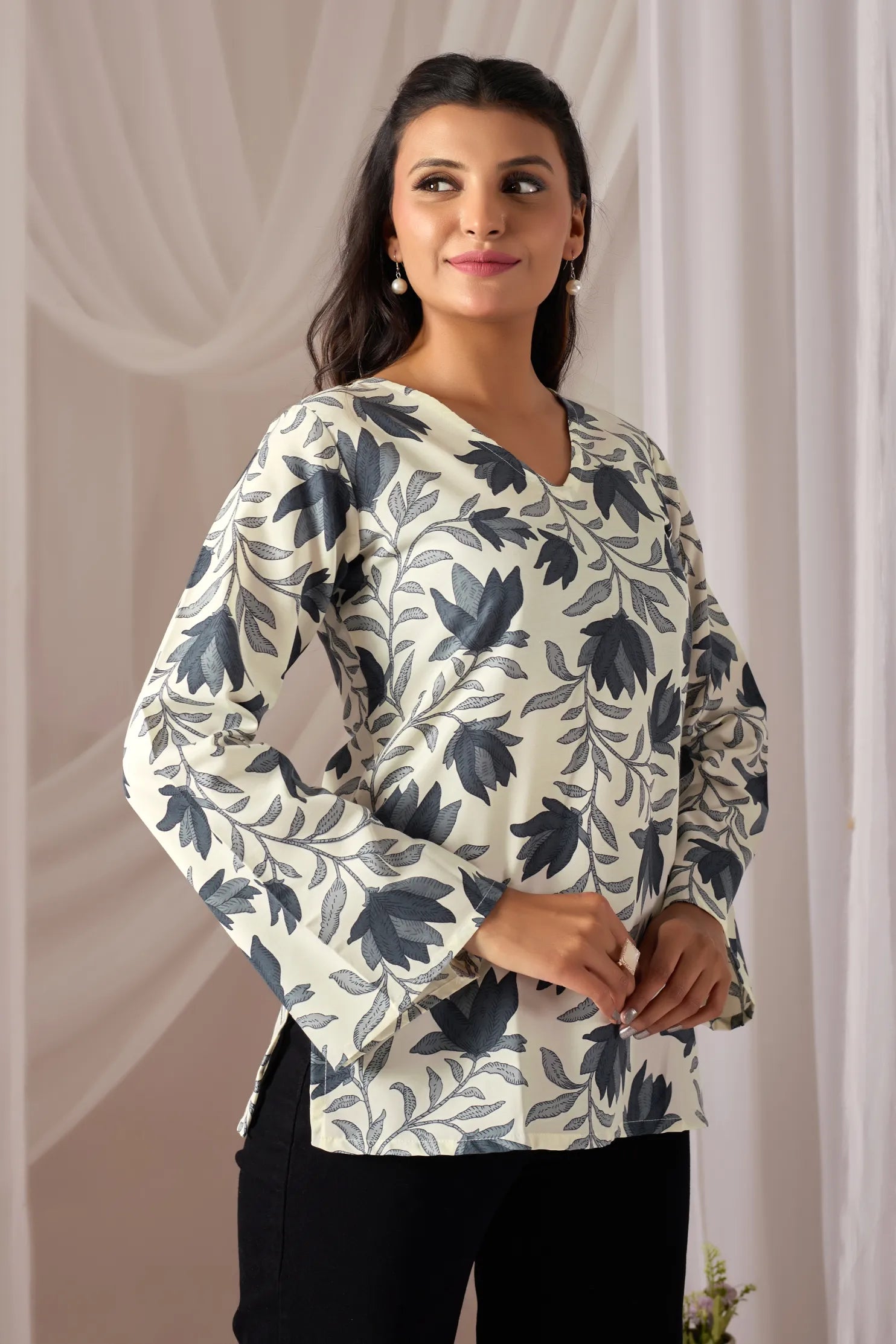 Zareen Cream Cotton Bell Sleeve Kurti for Women | Floral Print, V-Neck, Fusion Wear Top