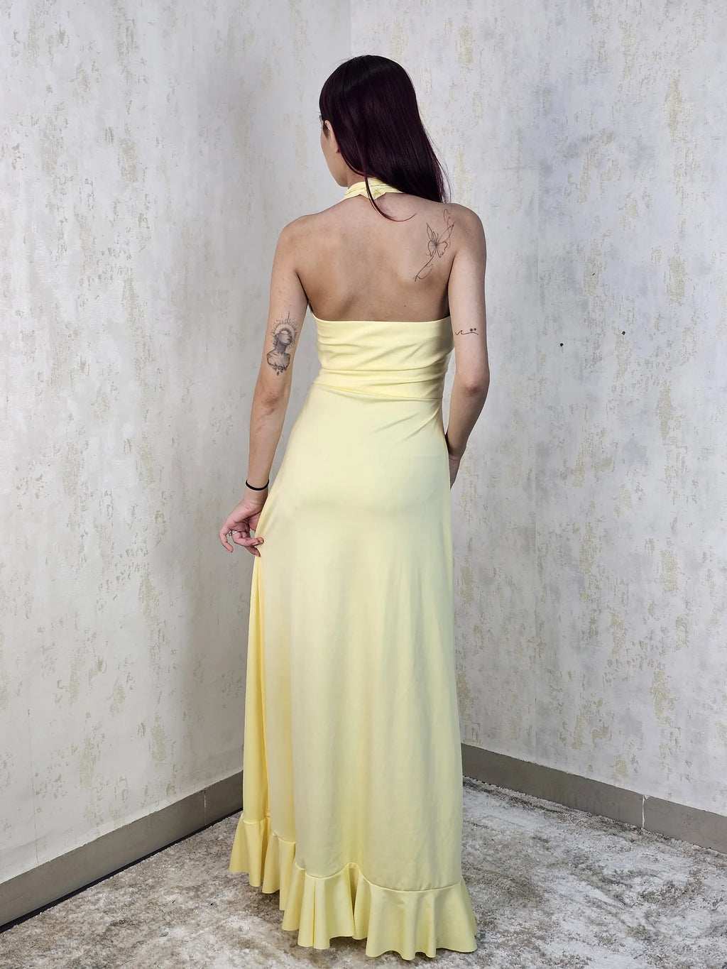 Azrah Yellow Ruffle Maxi Dress with Halter Neck