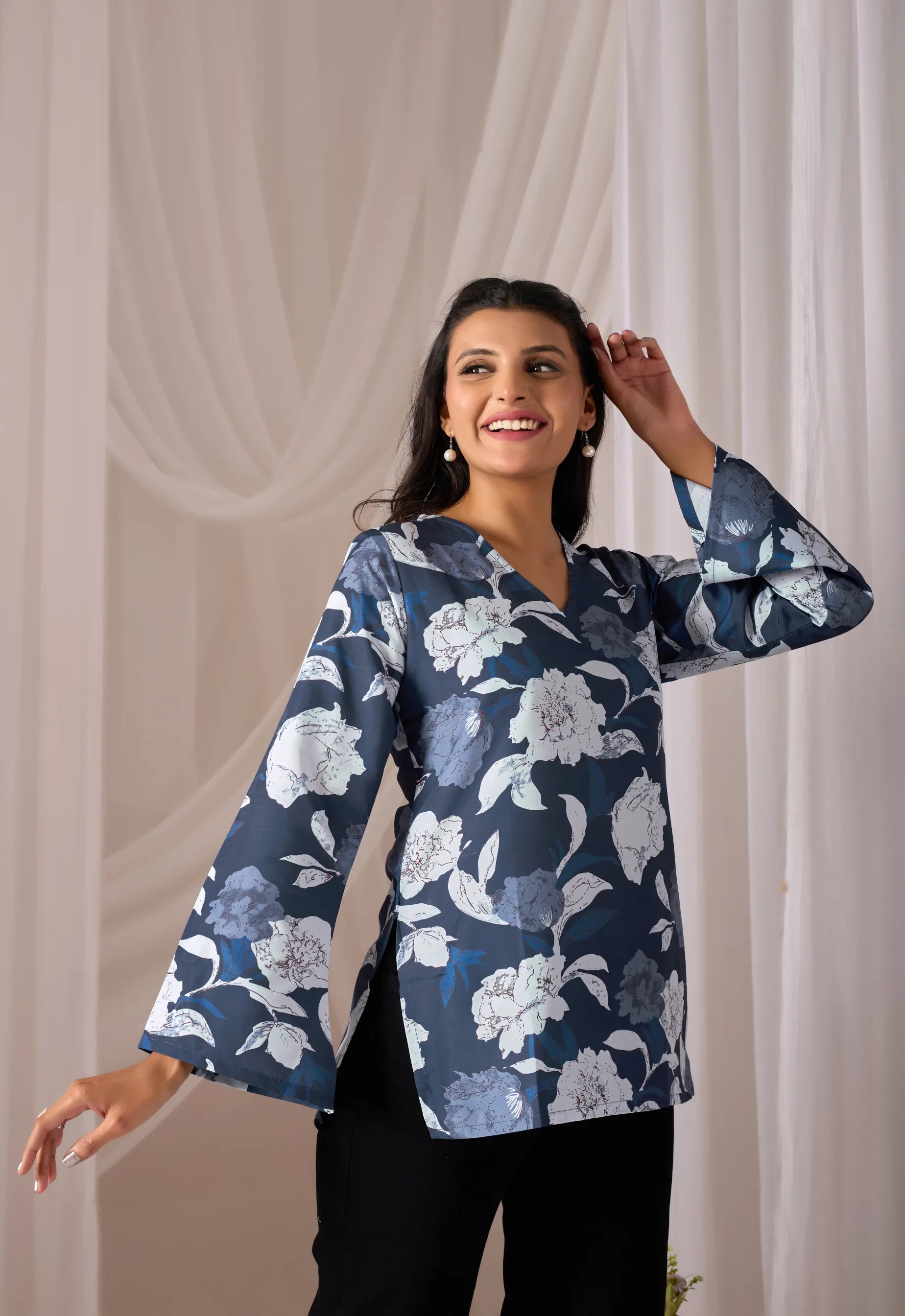 Falak Navy Blue Cotton Bell Sleeve Kurti for Women | Floral Print, V-Neck, Fusion Wear Top